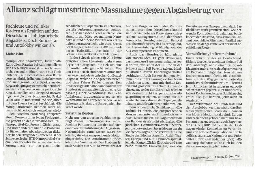 Allianz schlägt umstrittene Massnahme gegen Abgasbetrug vor.Article published in Tages-Anzeiger, 22.06.2018.
